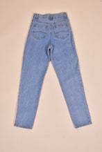 Load image into Gallery viewer, Vintage 90s medium wash embroidered beaded tapered mom jeans by Blue Star are shown from the back. 
