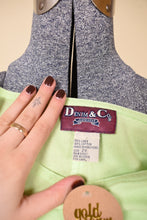 Load image into Gallery viewer, Vintage Y2K electric green midi dress is shown in close up. This vintage XXL dress has a tag that reads Denim &amp; Co Jeanswear. 
