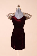Load image into Gallery viewer, Burgundy and Gold 80s Velvet &amp; Brocade Puff Shoulder Dress, XS
