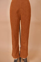 Load image into Gallery viewer, Vintage brown faux suede 90s western inspired pants are shown in close up. These super soft pants have a bootcut fit.
