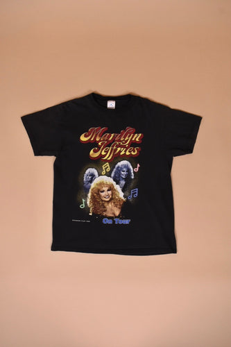 Vintage Y2K black cotton Marilyn Jeffries tour tee shirt is shown from the front.