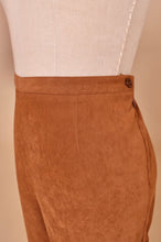 Load image into Gallery viewer, Vintage 90s brown faux suede super soft western inspired pants are shown in close up. These pants have a brown button at the waist.
