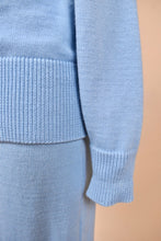 Load image into Gallery viewer, Vintage two piece sky blue 70s sweater set is shown in close up. 
