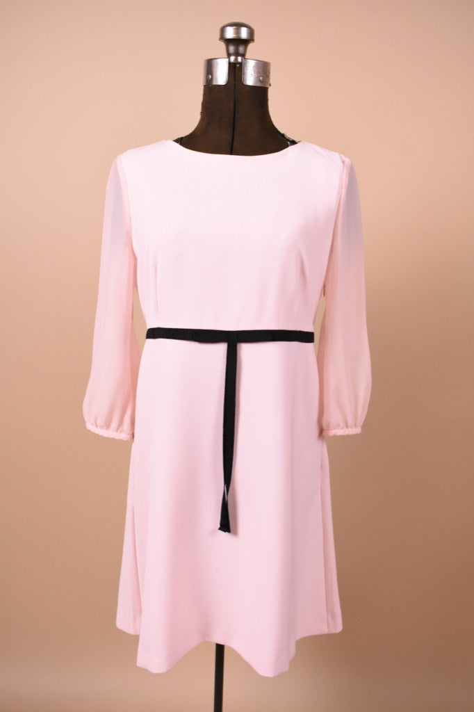 Vintage new with tags Ted Baker London pale pink babydoll dress is shown from the front. This dress has sheer sleeves.