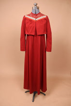 Load image into Gallery viewer, Vintage 1970&#39;s red maxi dress with matching bolero set by Lanz is shown from the front. This set has a long red dress and cropped bolero jacket.

