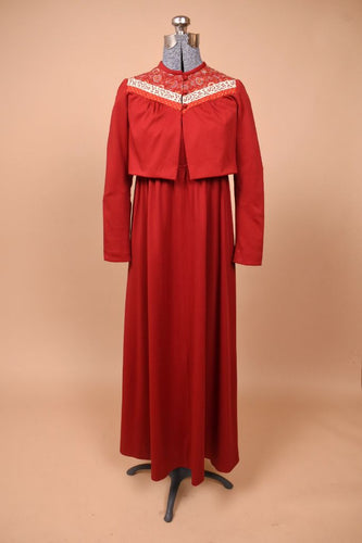 Vintage 1970's red maxi dress with matching bolero set by Lanz is shown from the front. This set has a long red dress and cropped bolero jacket.